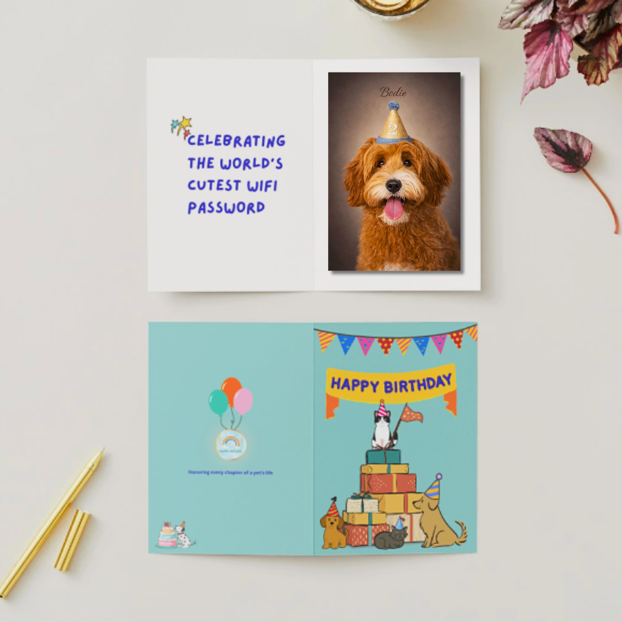 Custom pet birthday card with pet photo wearing a birthday hat