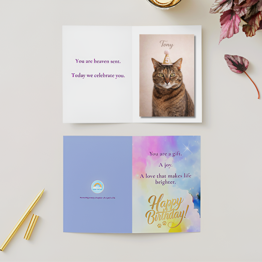Custom pet birthday card with cat wearing a birthday hat