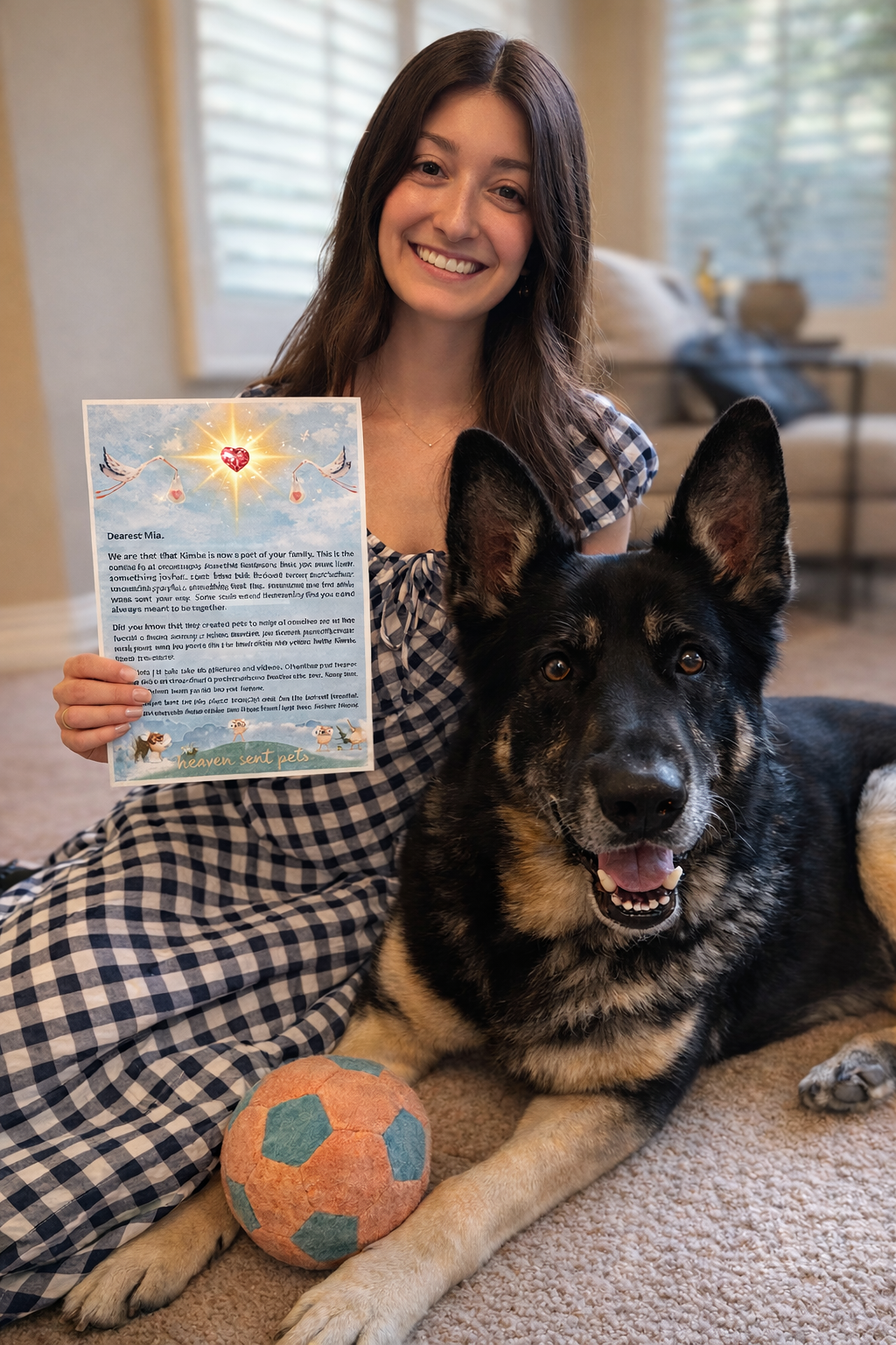 Young lady smiling holding a pet welcome letter with her new dog beside her