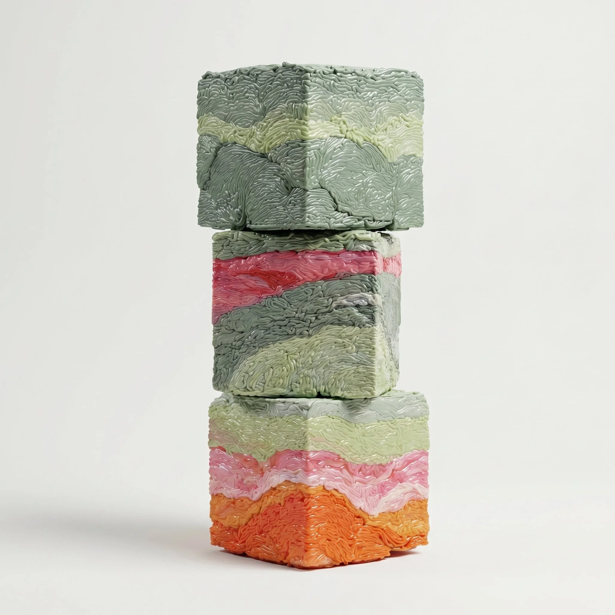 A multicolored rectangular sculpture composed of layered, textured, rope-like material in pastel shades of gray, yellow, green, pink, and orange, stacked vertically against a plain background.