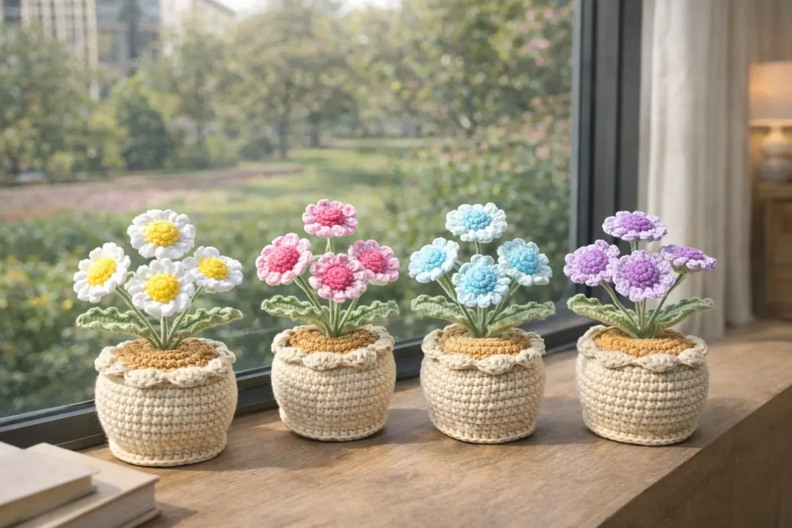 Four crocheted flower pots with colorful yarn flowers placed on a windowsill. Each pot has a different colored flower: white with yellow center, pink, blue, and purple. The background shows a blurred outdoor scene with trees and a park.