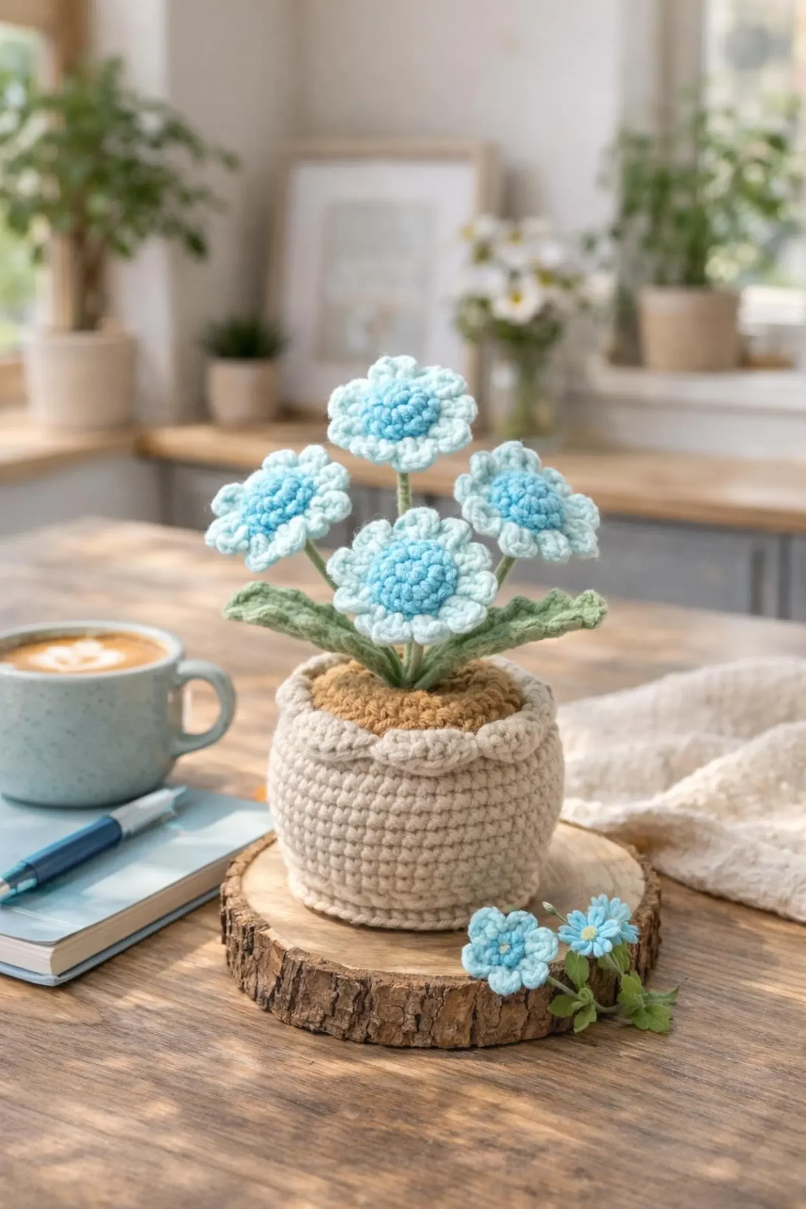 A crocheted potted plant with blue crocheted flowers, placed on a wooden table with a notebook, pen, and coffee mug nearby in a cozy, well-lit room with potted plants and framed pictures in the background.
