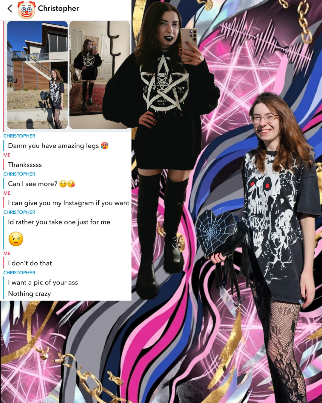 Digital collage for Professionally Messy. A screenshot of a social media dating roast shows a guy ignoring boundaries. Surrounded by a maximalist Gothic-Barbiecore background with abstract pink, black, and icy silver shapes featuring pentagrams.