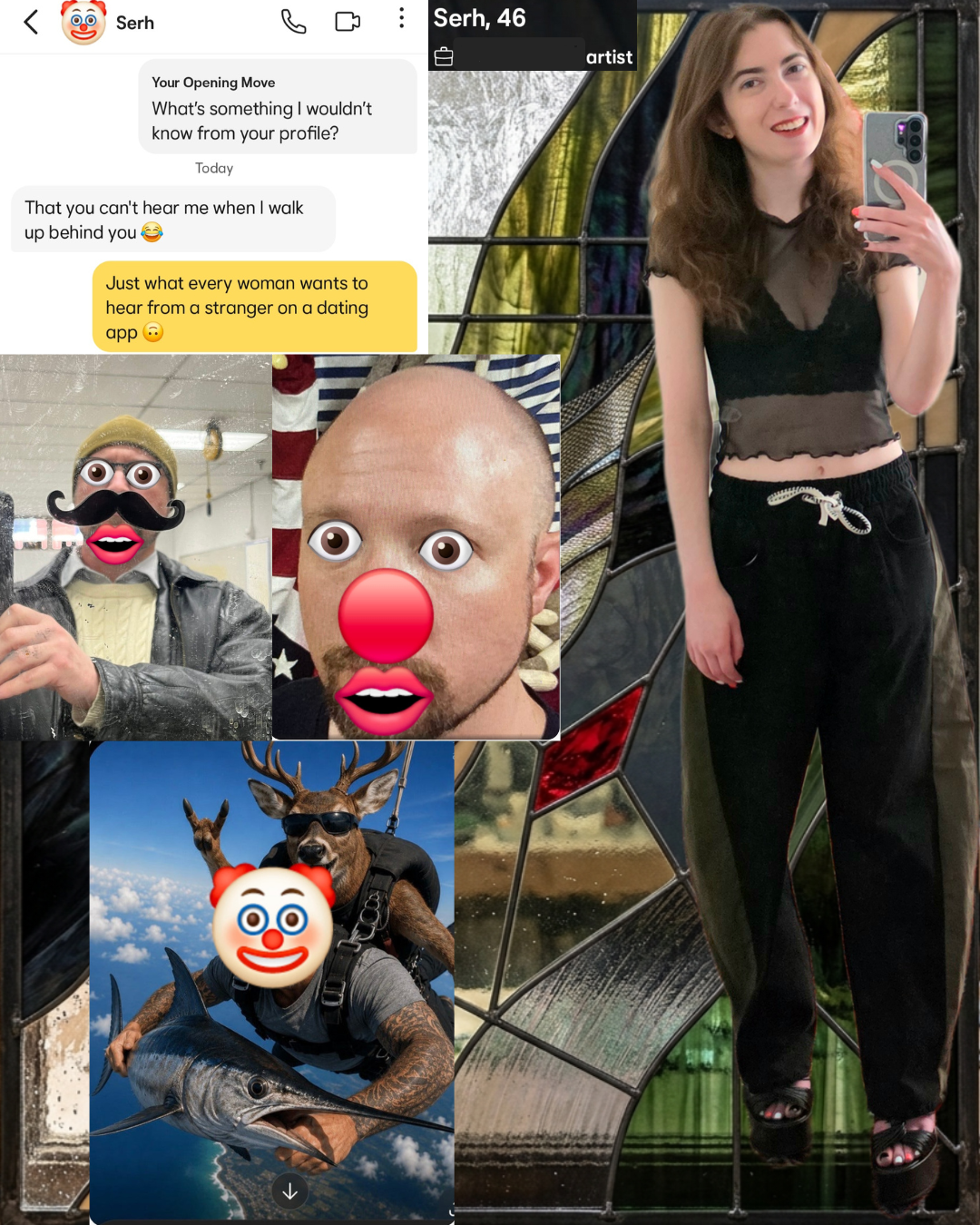 A brunette woman in a black mesh crop top and platform heels standing next to screenshots of a dating app chat and profile photos with clown face stickers.