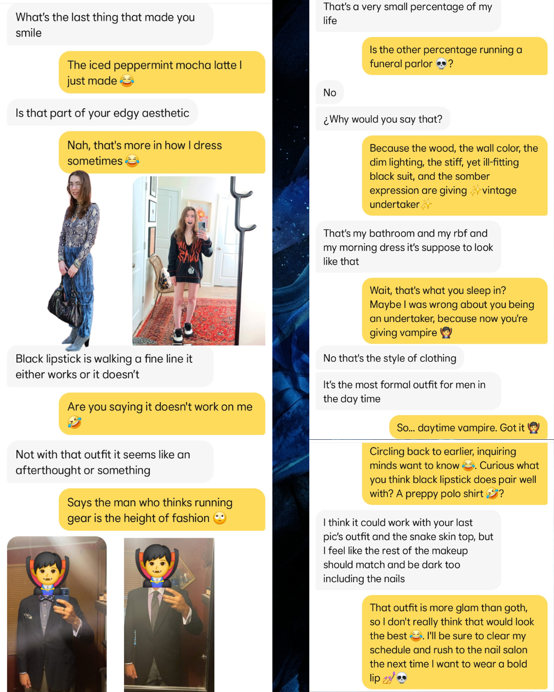 Side-by-side dating app screenshots showing a conversation debating fashion. A woman in snakeskin and hoodie outfits roasts a man wearing a formal morning dress suit, with vampire emojis covering his face to match the joke.