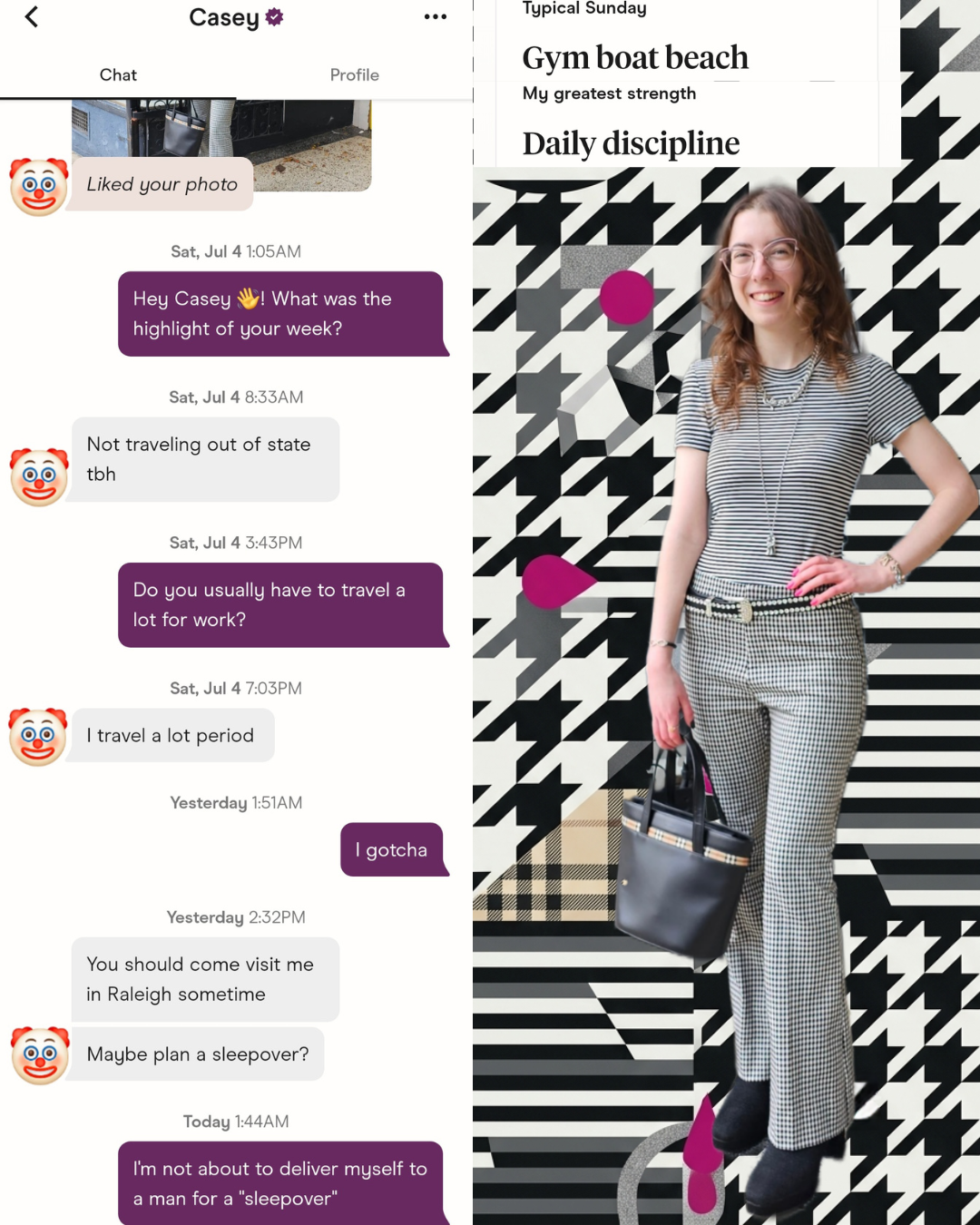Split screenshot: Left shows a dating app chat with a guy named Casey asking for a "sleepover." Right shows Madison Fashion in a striped top and houndstooth pants against a geometric black-and-white background, looking unbothered.