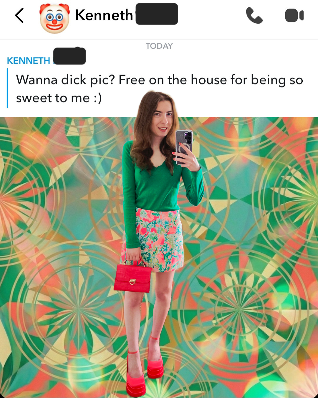 Collage on an abstract green and pink kaleidoscope background featuring a woman in an emerald top, Lilly Pulitzer floral skirt, and bright pink Steve Madden platform heels alongside an unhinged Snapchat dating message bubble with text.