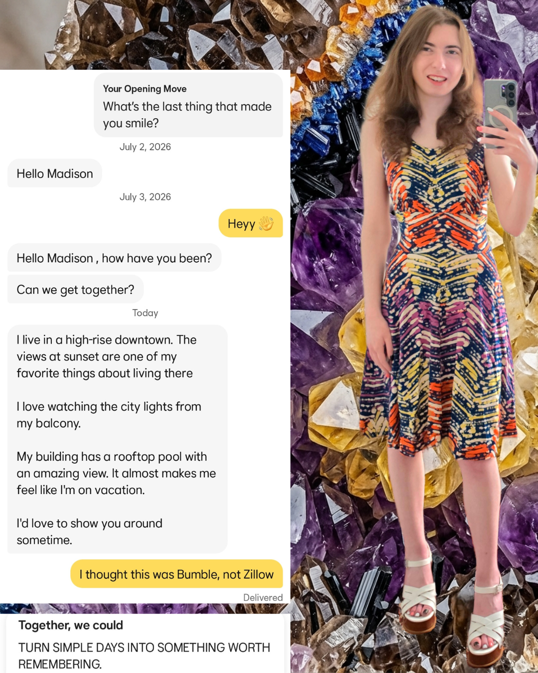 Chat screenshot of a guy bragging about his high-rise balcony view on Bumble, answered with "I thought this was Bumble, not Zillow." Next to a outfit photo of a woman in a vibrant geometric dress.