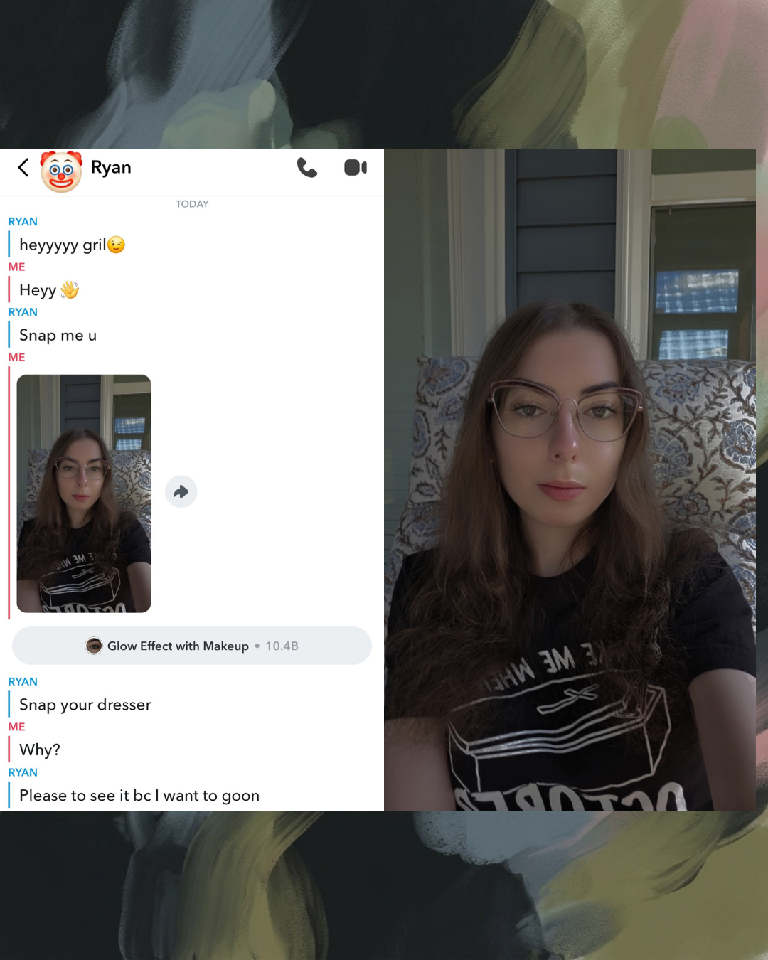 A Snapchat chat screenshot showing a bizarre conversation with a guy named Ryan who asks a girl for a photo of her dresser.