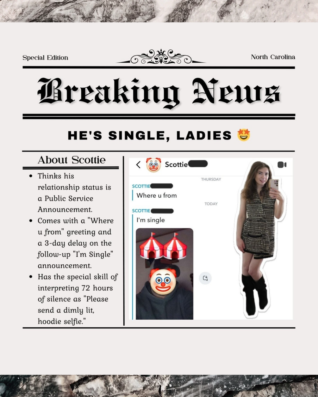 Breaking News tabloid graphic for Professionally Messy. Madison in a tweed outfit reports on a cringey Snapchat DM from "Scottie." Features circus tents, clown emojis, and an unsolicited "I'm single" status update.