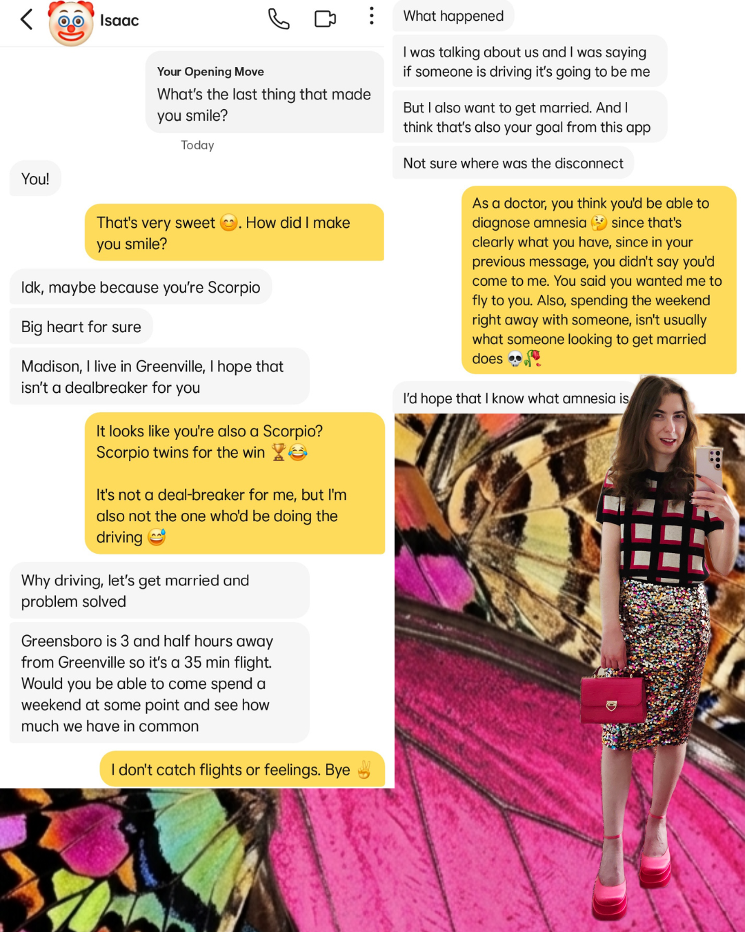Digital collage for Professionally Messy blog titled Bye-saac. Features a Bumble chat roast of a doctor alongside a mirror selfie of a woman in a sequin skirt and pink platforms against a maximalist fuchsia butterfly wing background.