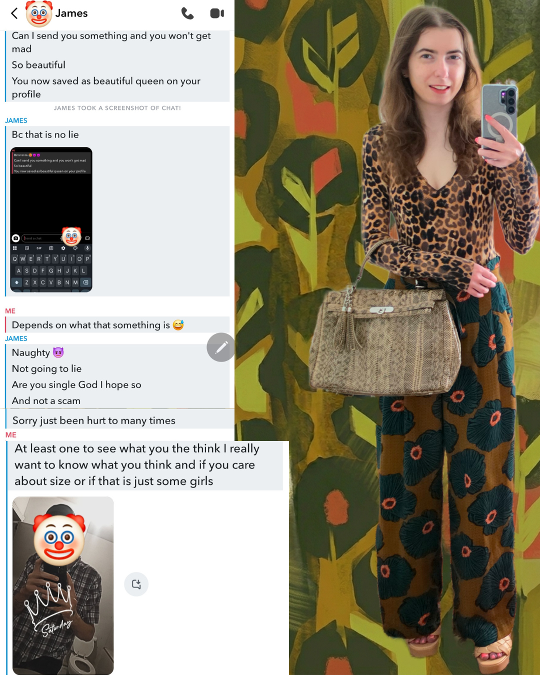 Split image showing a Snapchat dating chat on the left side with a man asking inappropriate questions, and a woman on the right posing in a mirror selfie wearing a leopard print top, patterned wide-leg pants, and a snakeskin luxury handbag.