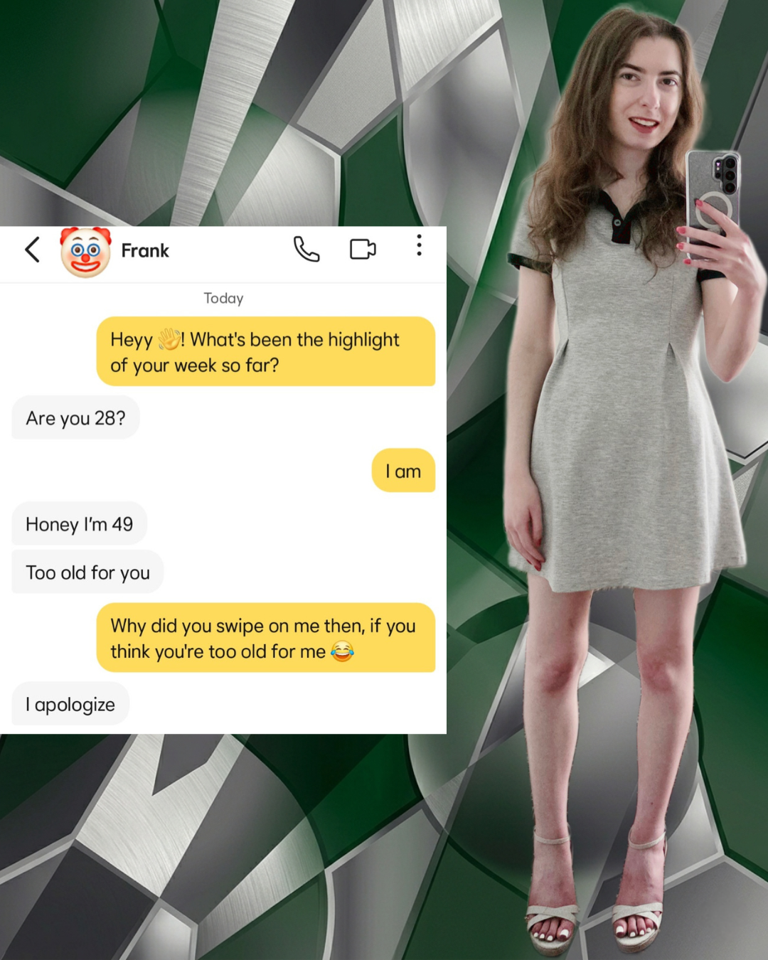A Bumble dating app conversation next to content creator Madison Fashion in a grey Cider polo dress. The chat shows a match named Frank who asks "Are you 28?" then says "Honey I'm 49. Too old for you" before immediately apologizing when called out.