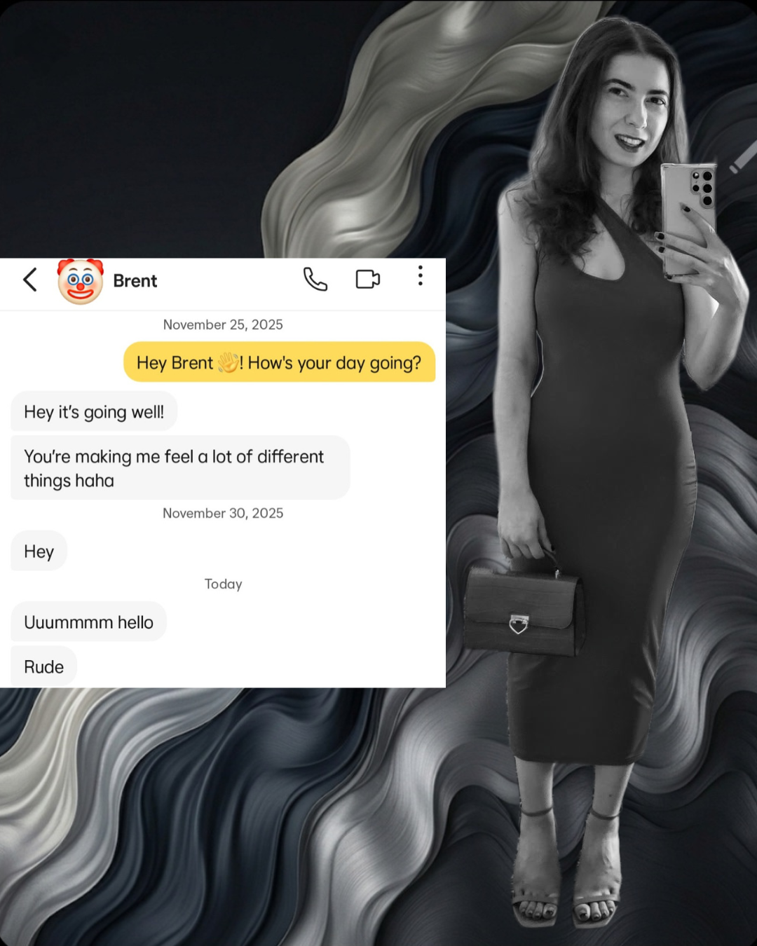 Digital collage for Professionally Messy blog featuring a brunette woman in a black one-shoulder dress and heels against a fluid abstract background, layered with a dating app screenshot of a man named Brent having a one-sided conversation.