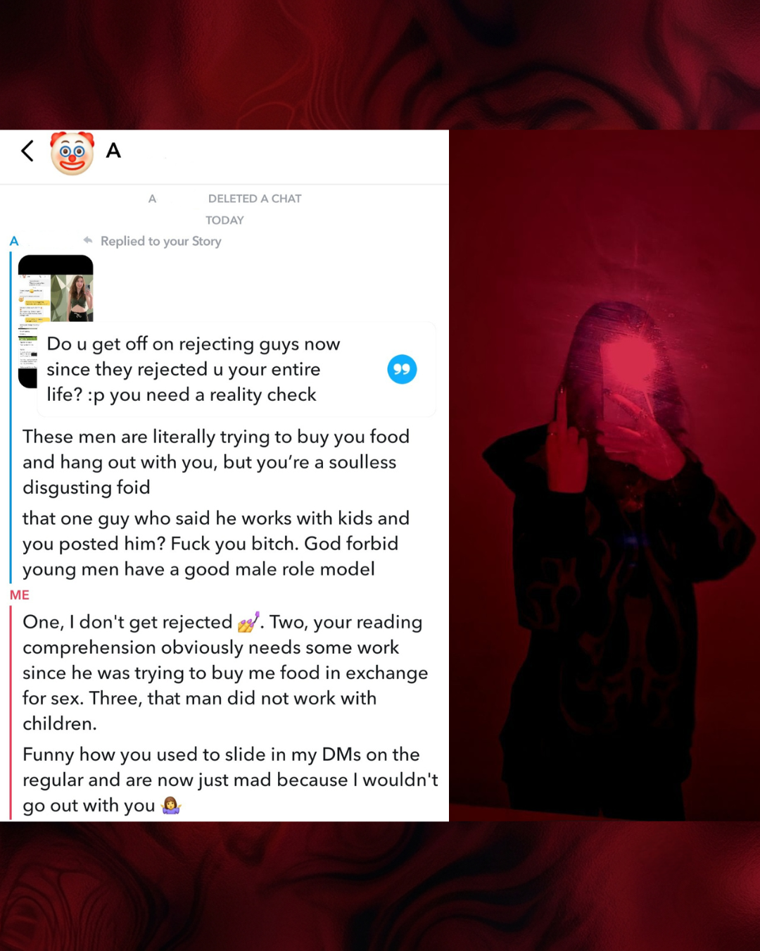 Split screen on a red textured background: left shows a Snapchat DM roast of an angry commenter with emojis partially censoring words; right shows a woman's mirror selfie in saturated red light.