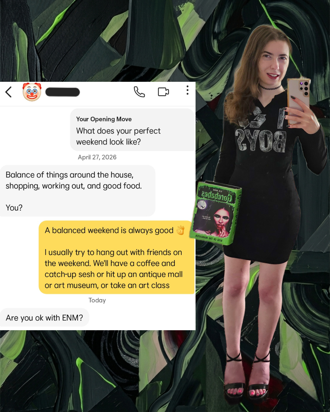Dating app screenshot showing a jarring pivot from a conversation about art museums to a lifestyle question partially covered by an emoji. Next to it, a woman in a black mini dress holds a green horror-themed book bag.