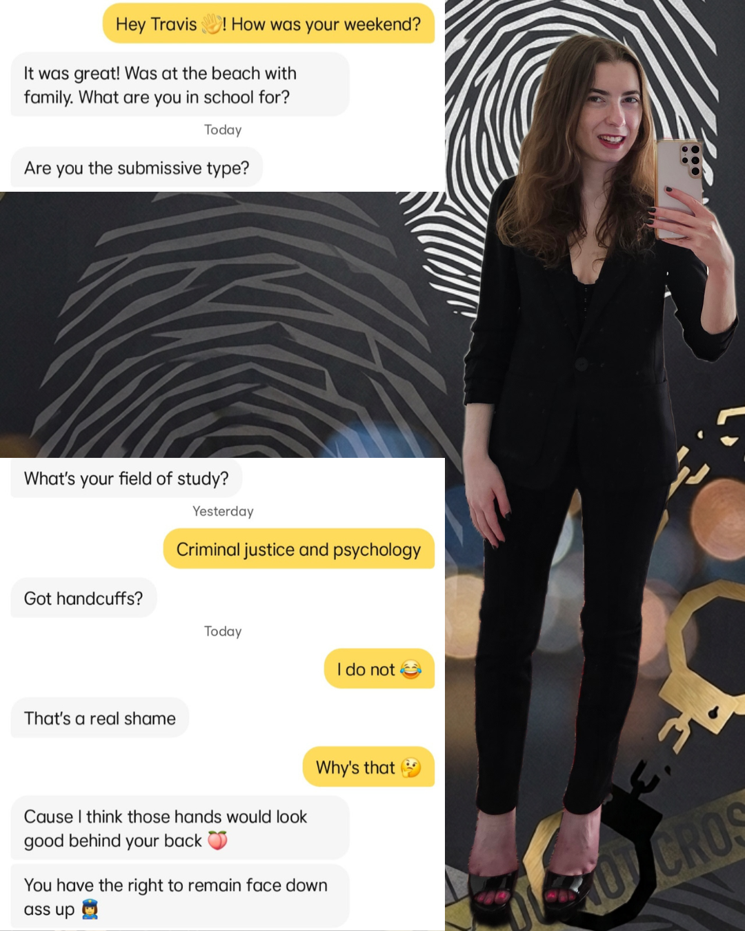 A social media roast graphic for professionallymessy.com. Includes a dating app chat log and a mirror selfie of Madison in a black blazer, featuring a forensic psychology background with a fingerprint and gold handcuffs.