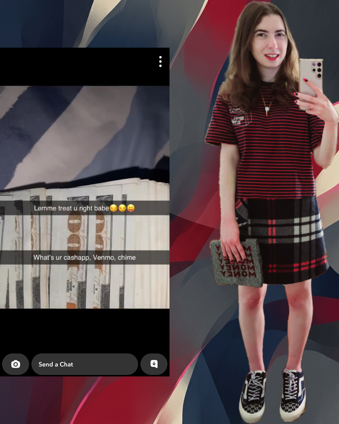 Split screen layout featuring a Snapchat message offering money over fanned-out bills next to a full-body mirror selfie of a brunette woman holding a rhinestone clutch that reads MONEY while wearing a plaid luxury skirt and sneakers.