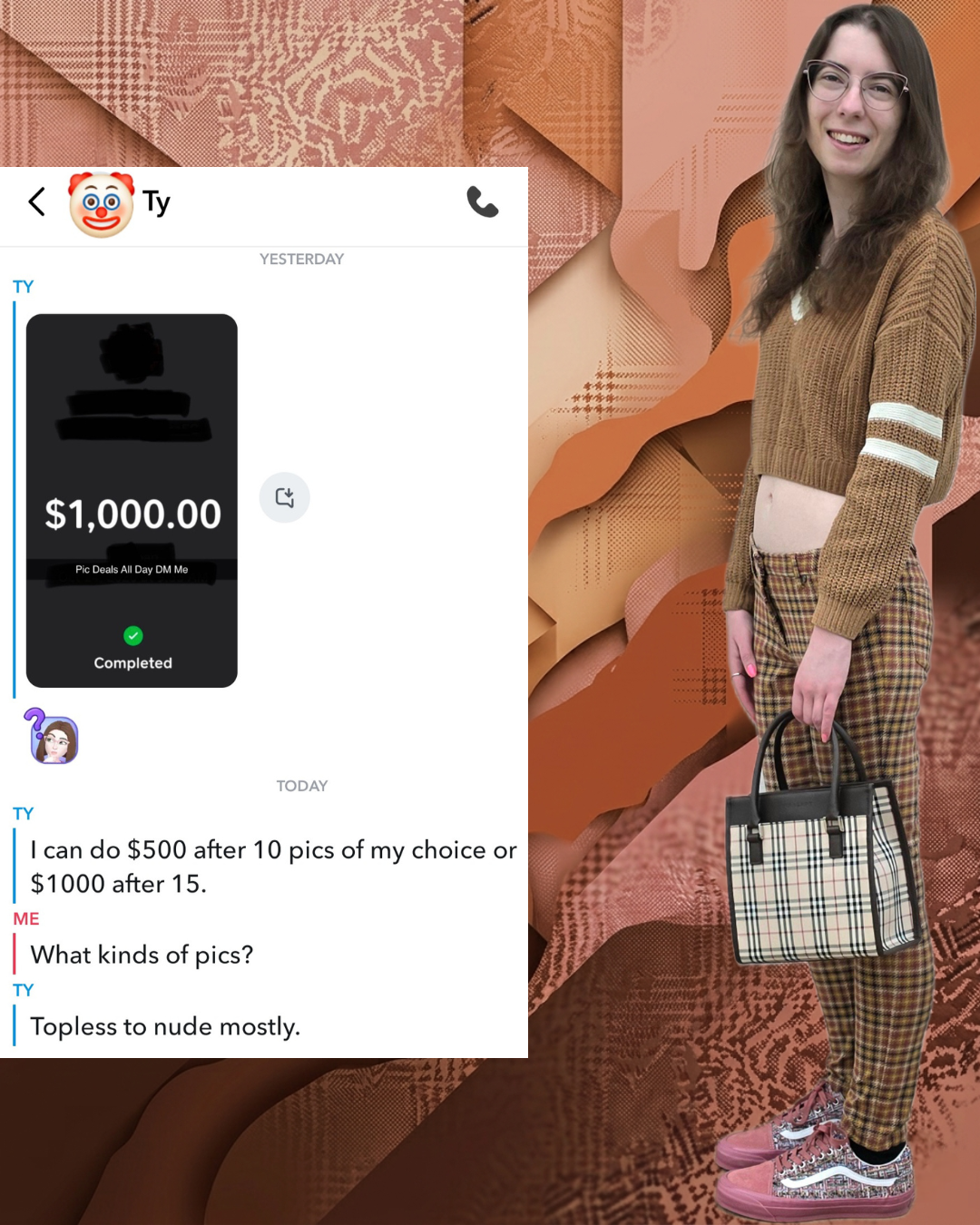 Side profile of a smiling woman with glasses, a cropped brown sweater, and plaid pants holding a plaid Burberry handbag. Next to her is a screenshot of a chat with "Ty" offering money for explicit photos.