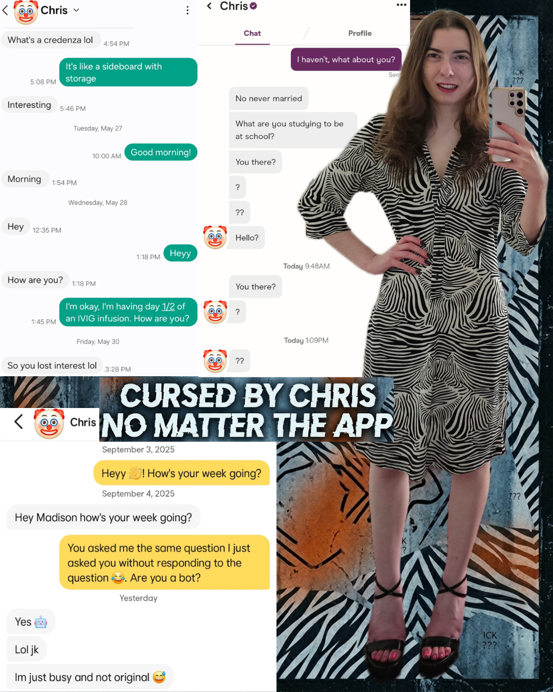 Collage for professionallymessy.com: A zebra-print mirror selfie with "Cursed by Chris" dating app screenshots. A roast of low-effort messages from three different men named Chris via Bumble, Hinge, and Android SMS text.