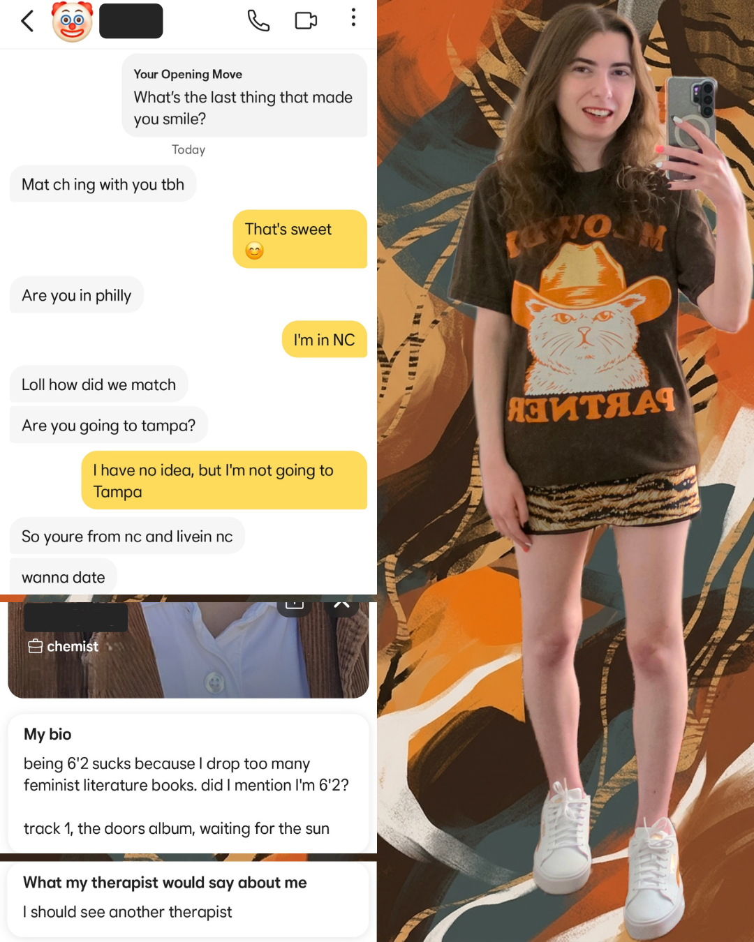 ​A split-image collage featuring a brunette woman wearing a brown cowboy cat t-shirt and tiger print skirt on the right, next to a dating app chat showing an awkward exchange with a chemist.