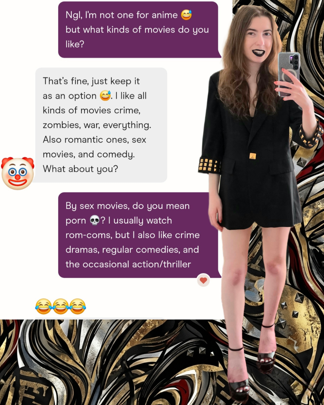 ​A split-screen digital collage. On the left side, a dating app conversation exchange on a white background. On the right side, a full-length mirror selfie of a woman with long brunette hair and black lipstick in a black studded blazer dress.​