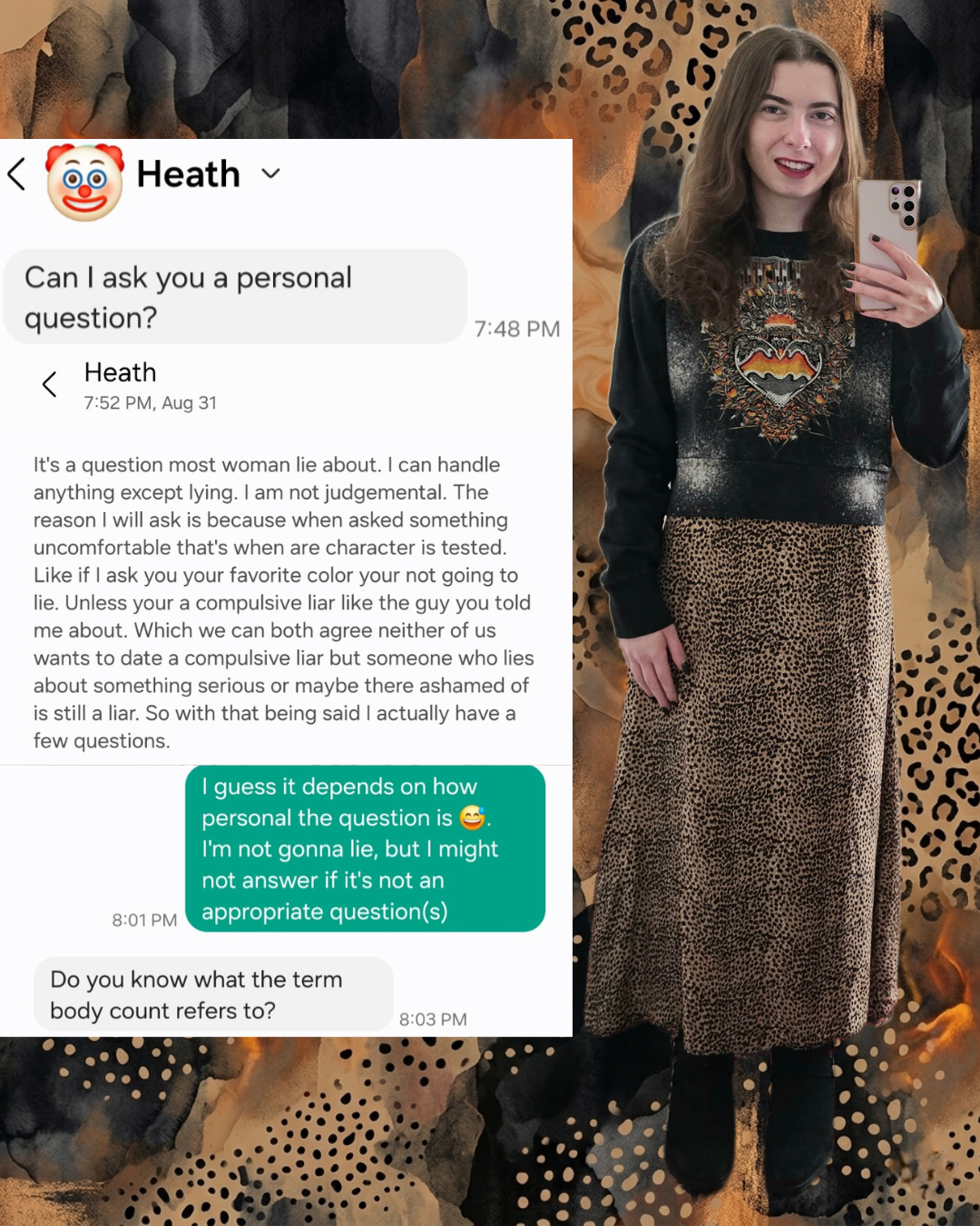 A funny dating app text fail screenshot. To the right, a 28-year-old creator in Greensboro, NC, shows a Gothic Barbiecore outfit via a mirror selfie. She wears a black graphic sweatshirt and leopard maxi skirt. Alt streetwear and edgy feminine style.