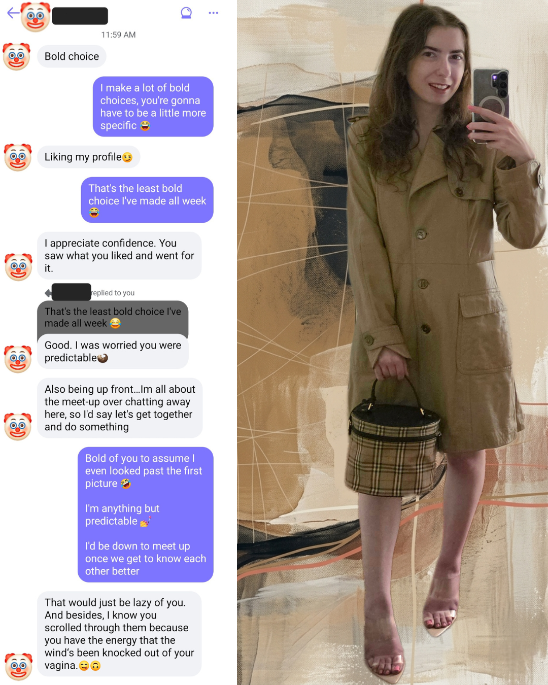 Screenshot of a dating app conversation showing a witty response to a delusional message, placed next to a full-length photo of a woman in a classic tan Burberry Japan trench coat holding a plaid luxury Burberry handbag.