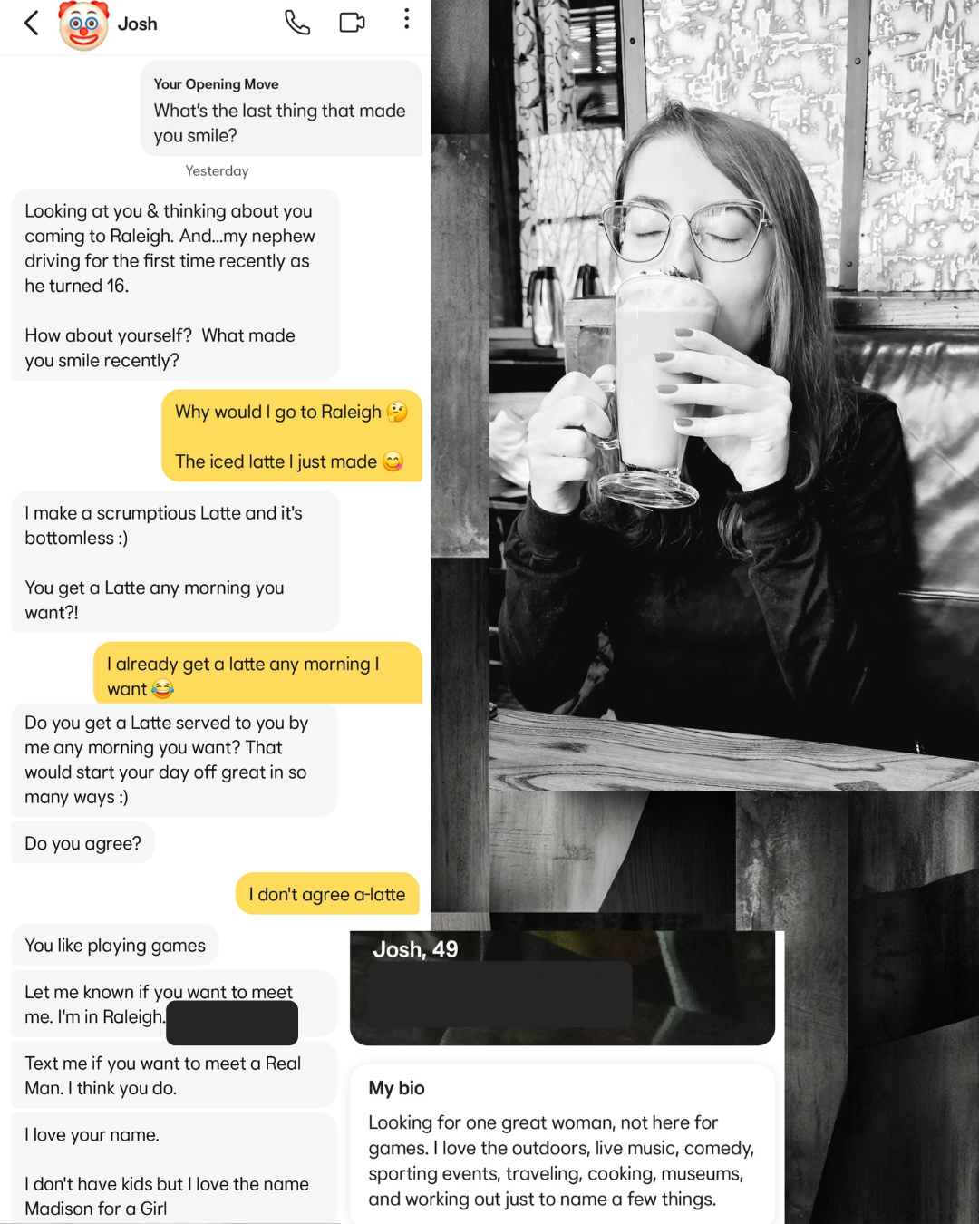 Screenshot of a dating app chat where a man offers daily lattes, shares his phone number, and discusses naming a daughter, paired with a black and white photo of a woman drinking an iced coffee.