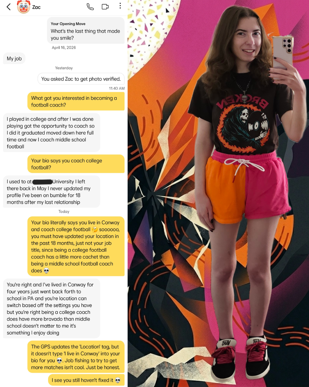 ​A split collage for Professionally Messy. Left: A Bumble chat roasting a "job fisher." Right: A woman in a Broken Promises tee and pink/orange Solid & Striped shorts against a maximalist abstract background of pink, orange, and black.