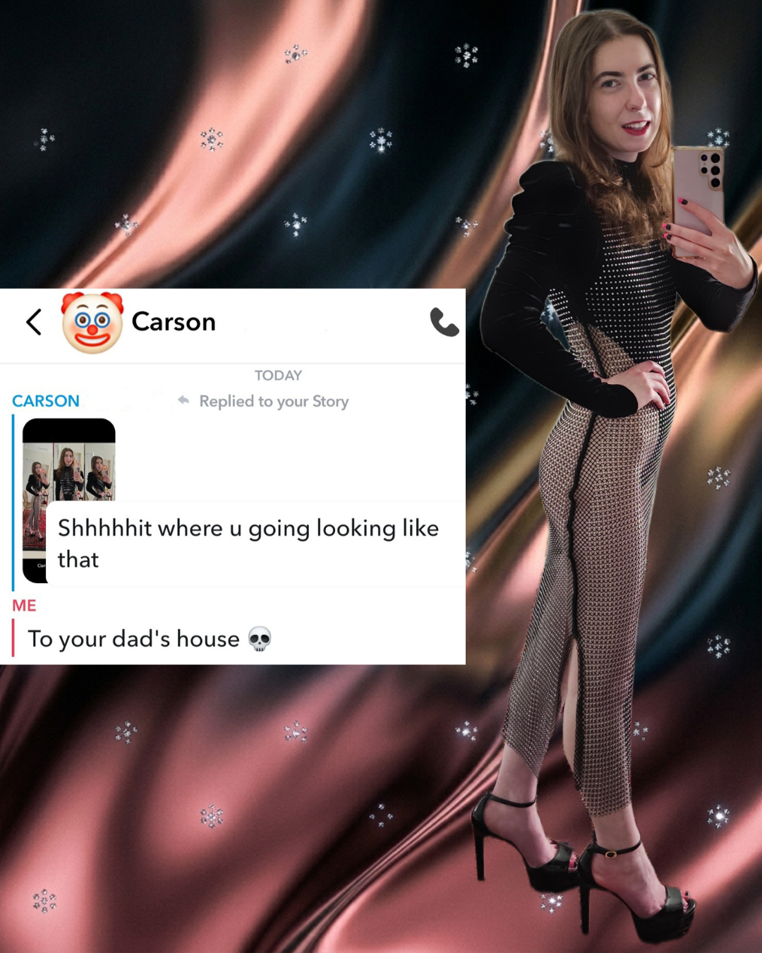 Side-profile photo of a woman in a rhinestone mesh dress and black platform stilettos next to a funny dating app chat screenshot with a 'To your dad's house' roast response, set against a dark rose gold satin background.