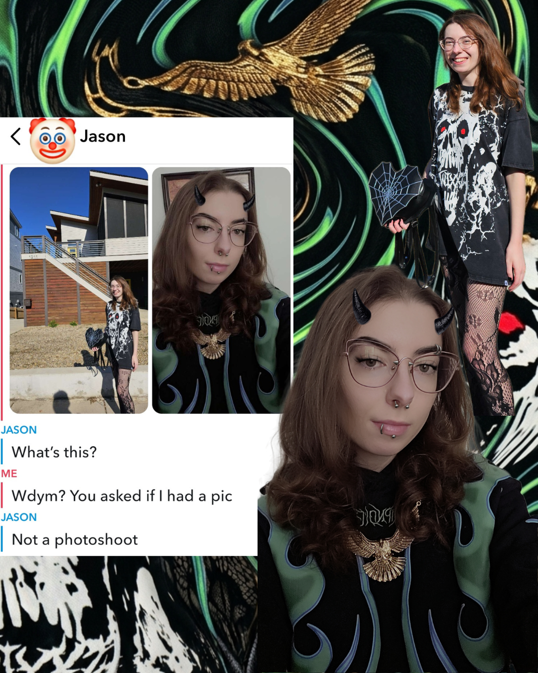 Gothic Y2K collage of Madison in a skull tee and flame hoodie and an eagle necklace with a text roast of a guy named Jason who was being a hater. Abstract gold and green background.