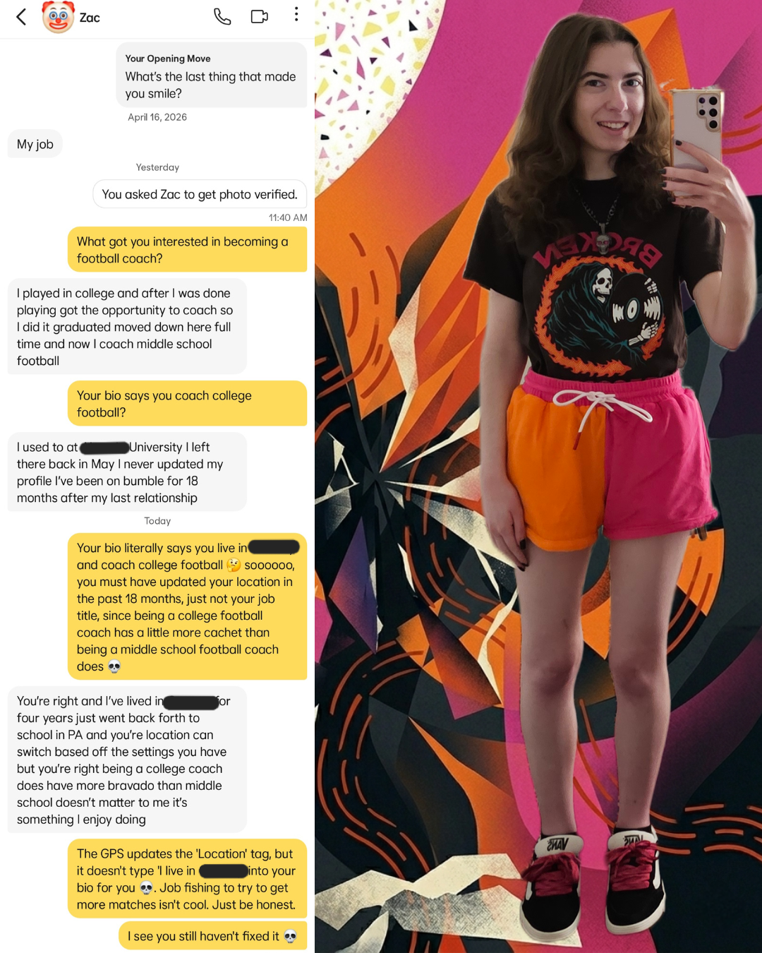 ​A split collage for Professionally Messy. Left: A Bumble chat roasting a "job fisher." Right: A woman in a Broken Promises tee and pink/orange Solid & Striped shorts against a maximalist abstract background of pink, orange, and black.
