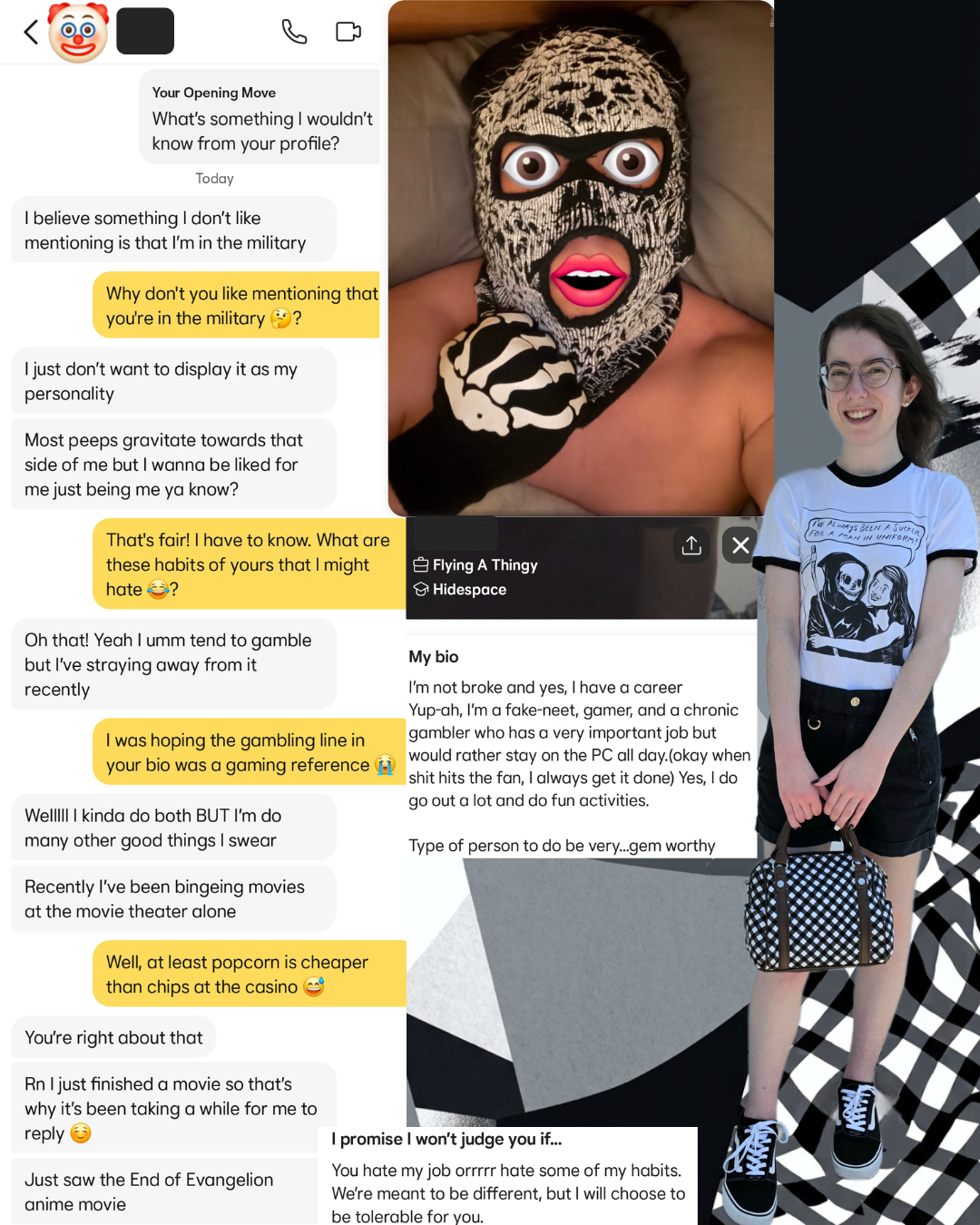 Side-by-side graphic featuring dating app chat screenshots about a military gambler and a woman in an alt outfit with a Grim Reaper shirt, black shorts, plaid bag, and black and white Vans sneakers.