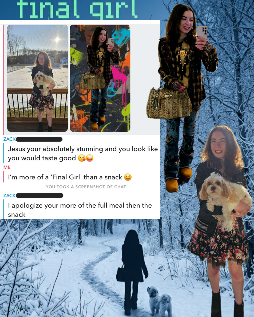 Chat screenshot with clown emoji and 'Final Girl' comeback, set against an icy blue snowy forest background collage.
