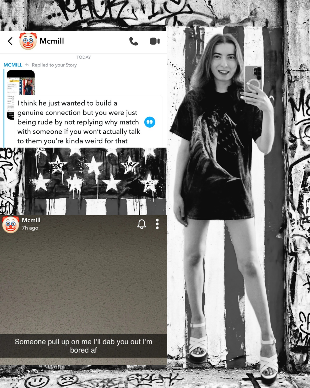 Side-by-side layout: Left column shows two stacked Snapchat screenshots of Mcmill lecturing about a roast and asking to hang out. Right column features a black-and-white full-length photo of Madison Fashion in platform heels.