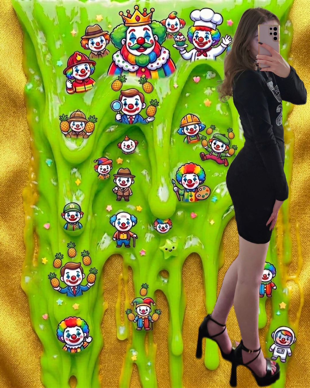 Full-body photo of a brunette woman in an "I Recycle Boys" dress and platform heels. The background is a creative edit of neon green slime and gold silk, featuring various cartoon clowns juggling pineapples.