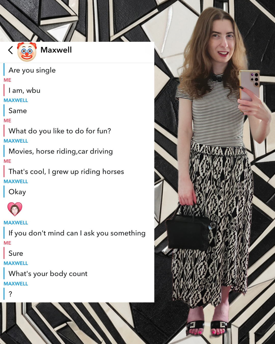 Madison in a striped top, geometric skirt, Fendi bag, and Manolo Blahnik heels. Split-screen with a Snapchat dating roast where a guy named Maxwell asks for her body count. Icy, high-fashion aesthetic with a black and white geometric background.