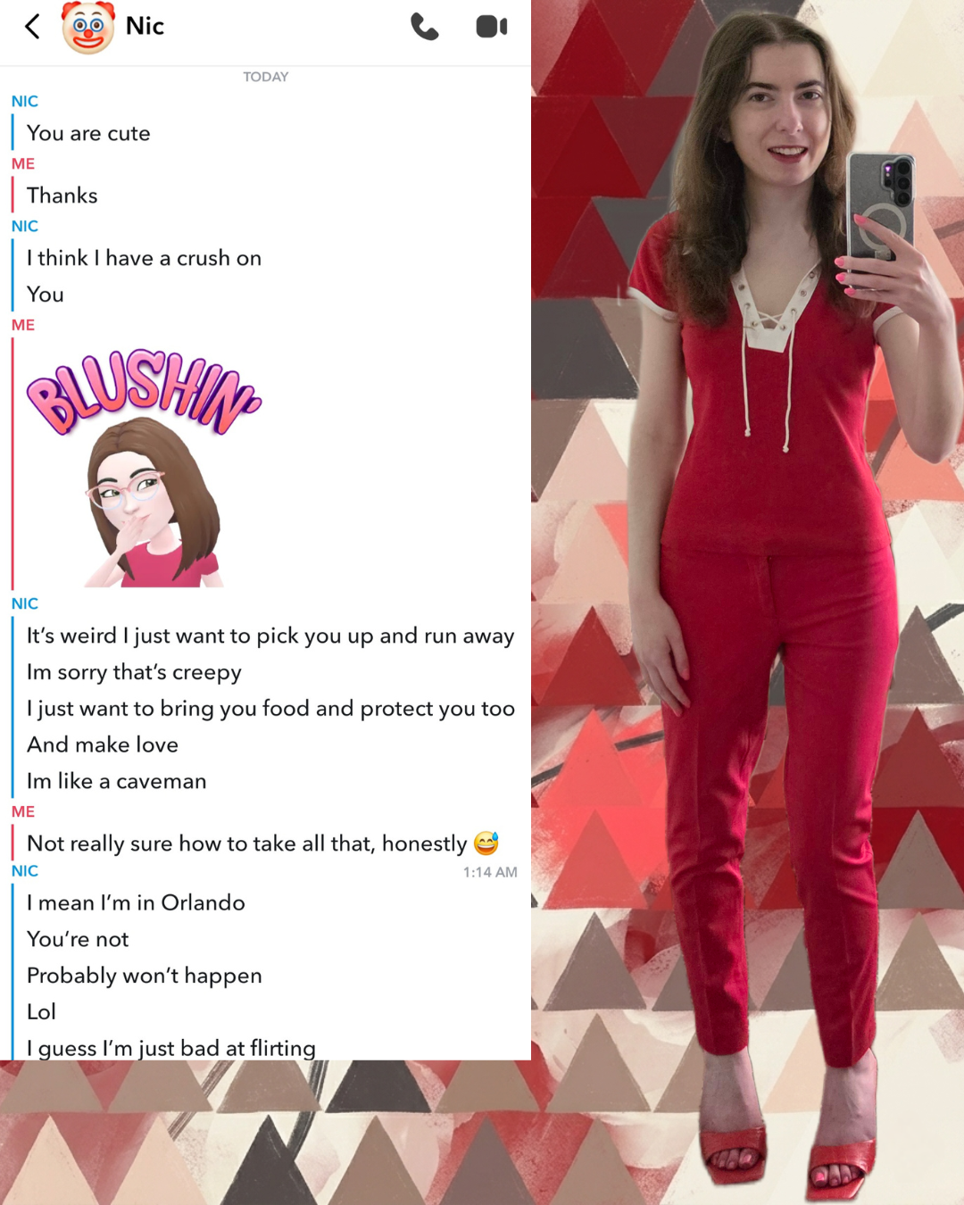 Screenshot of an awkward dating chat on Snapchat where a guy named Nic tells a woman he wants to "pick her up and run away" and acts "like a caveman," side-by-side with a selfie of a brunette woman in a red lace-up top and red pants.