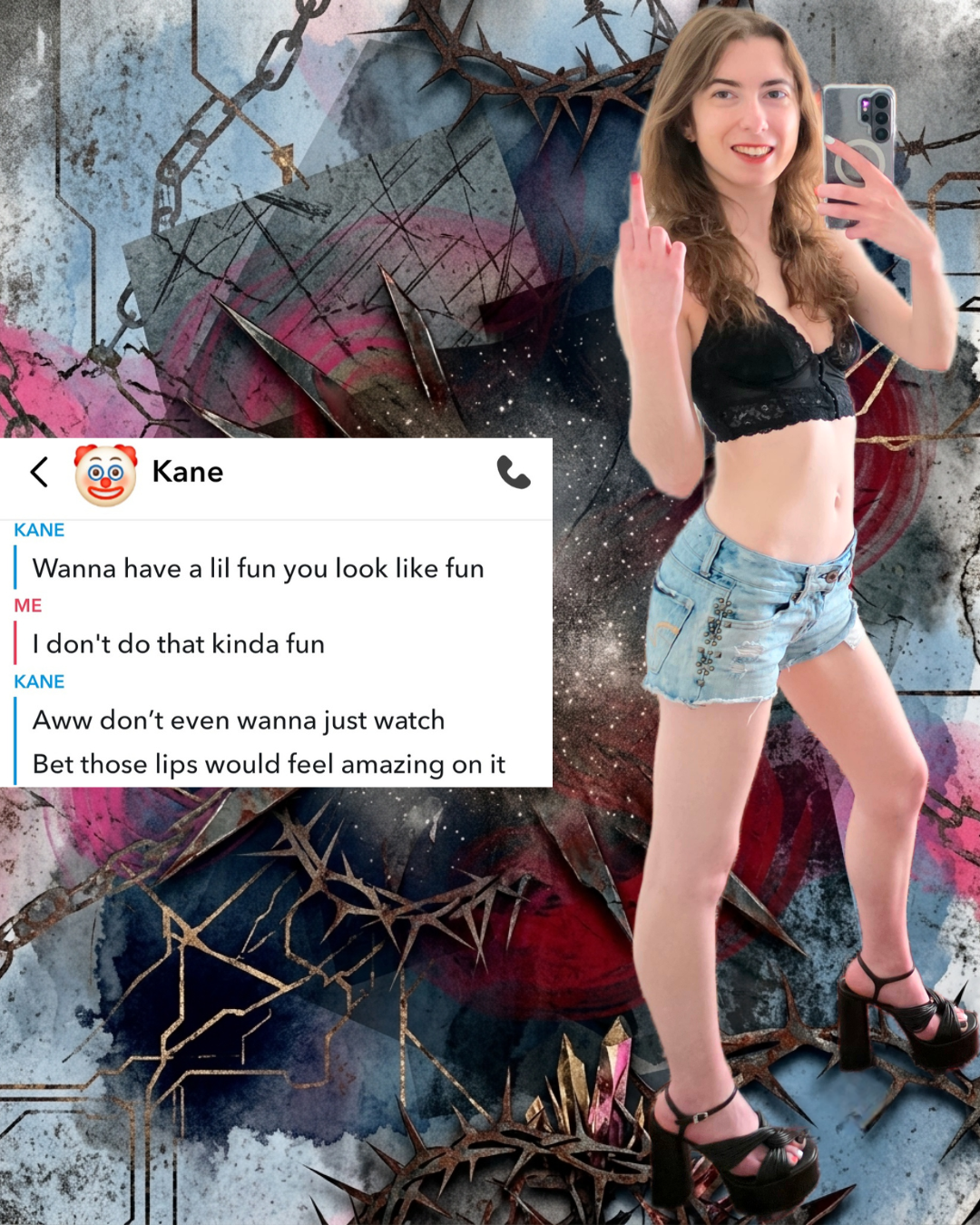 Alternative fashion blog host posing in a black lace bralette, denim shorts, and high platform heels next to a funny Snapchat text screenshot showing a dating app message roast titled Raising Kane.