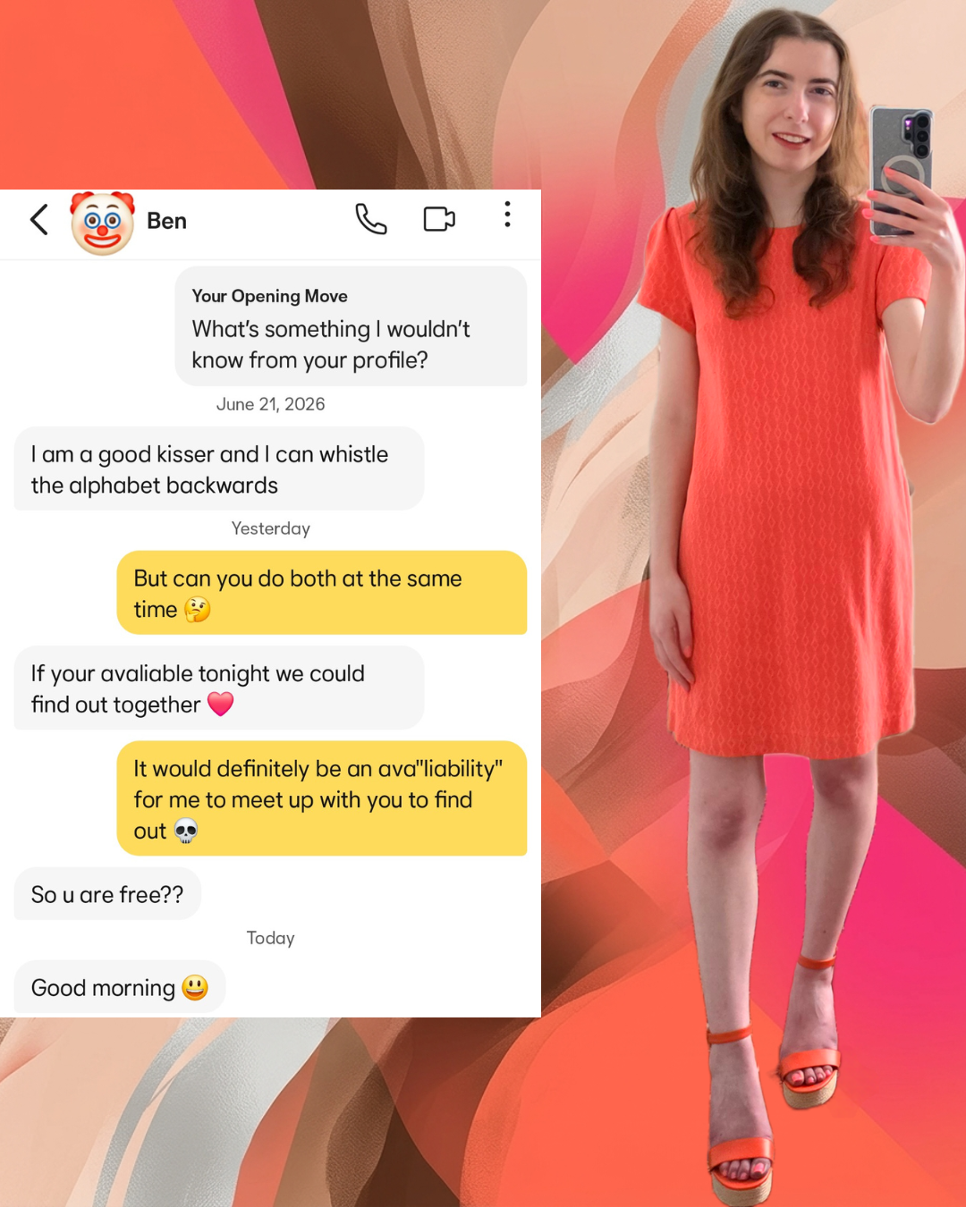 A split graphic featuring a Bumble dating app conversation alongside a woman in a coral shift dress and orange platform heels against an abstract pink and orange background.