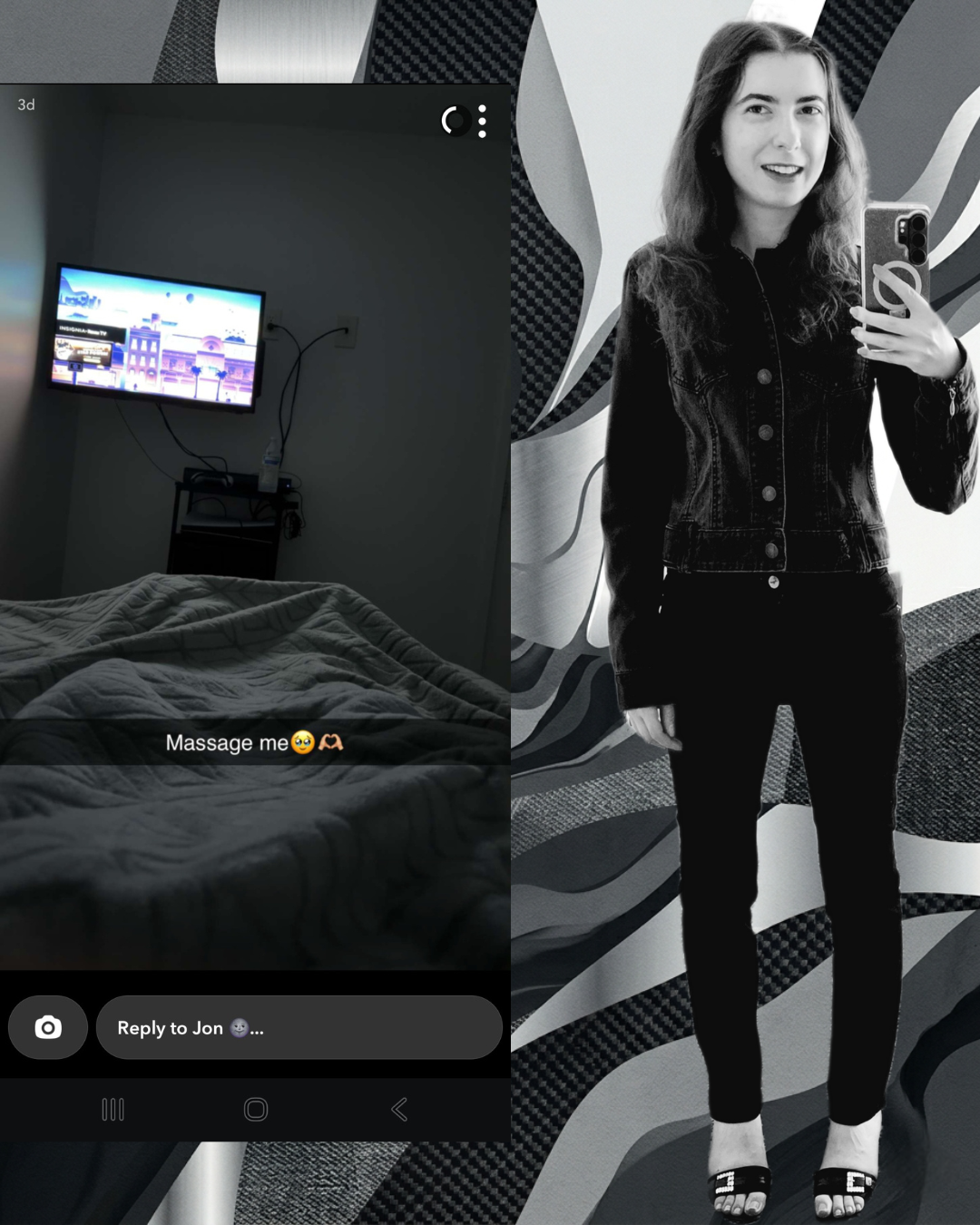 A dark bedroom Snapchat screenshot requesting a massage next to a black-and-white mirror selfie of Madison Fashion, founder of Professionally Messy, wearing a denim Cabi jacket and black designer jeans.