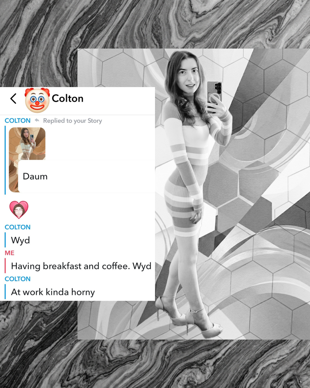 Snapchat roast post layout featuring a woman in a striped dress next to a text thread where a guy named Colton says "At work kinda horny" after she mentions having breakfast and coffee.