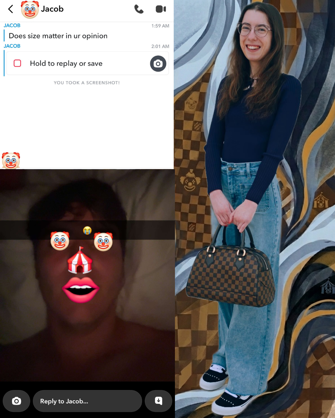 Split-screen image: Left shows a Snapchat chat where a magnifying glass emoji hides the word "size" in a question. Right shows Madison in a navy top and jeans, holding a checkered Louis Vuitton Damier designer bag against an abstract blue background.