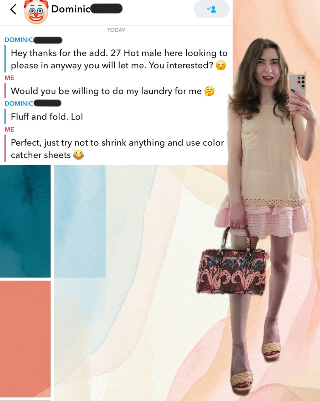 Professionally Messy: Madison in a pink ruffled skirt roasts a dating app match by asking him to do her laundry.