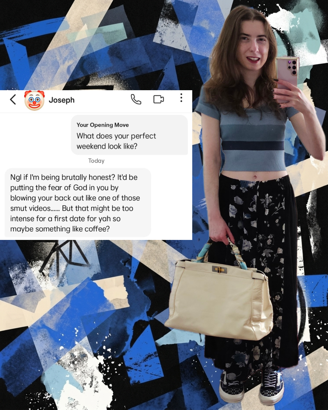 Madison in a blue striped crop top and ditsy floral skirt, holding a Fendi Peekaboo bag, wearing blue Vans. Next to her is a censored dating app screenshot of an unhinged message, all set against a blue and black abstract "Washi tape" background.