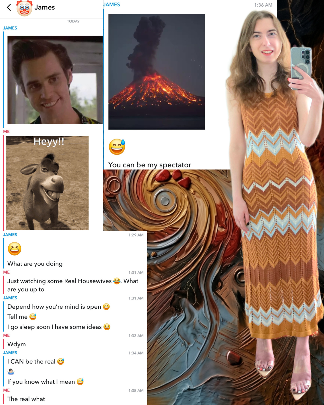 Graphic of Snapchat texts where a guy sends a volcano photo during a Real Housewives chat. Madison Fashion stands beside it wearing a chevron knit maxi dress, nude heels, and dark confetti nail polish.