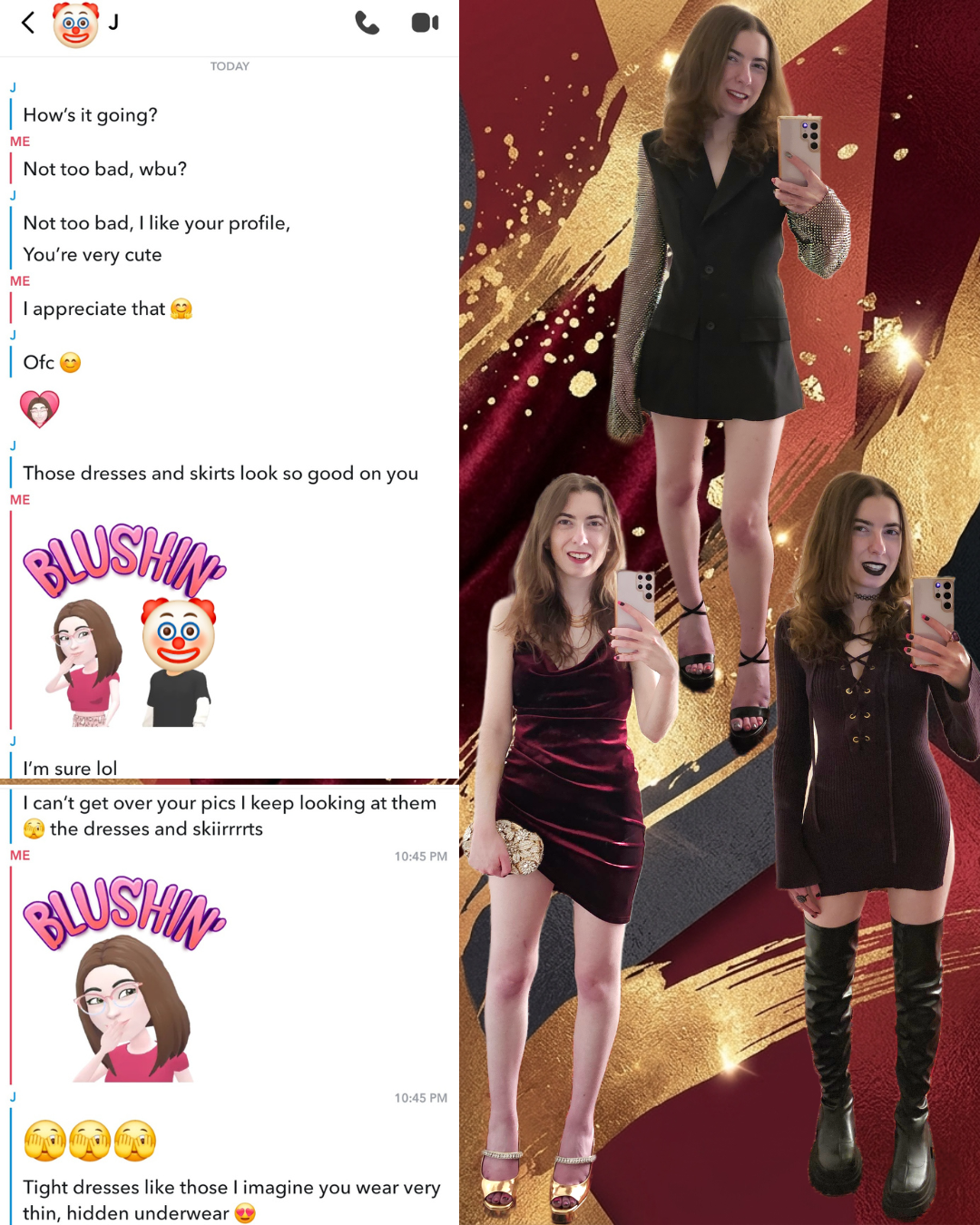 Split image: Left shows a flirty Snapchat chat screenshot with emojis. Right shows a fashion collage of a brunette woman styling a burgundy velvet dress, a black blazer dress, and a gothic lace-up dress against a gold and maroon background.