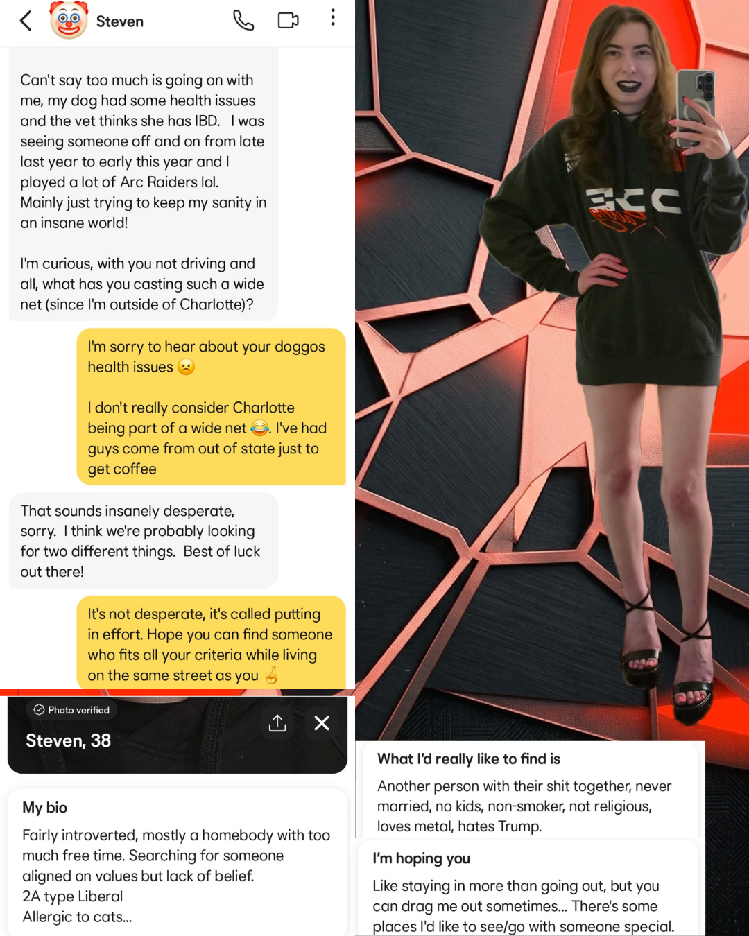A dating app conversation roast from Professionally Messy next to a styled outfit photo of a brunette woman wearing a racing hoodie and black platform heels against a red and black geometric background.