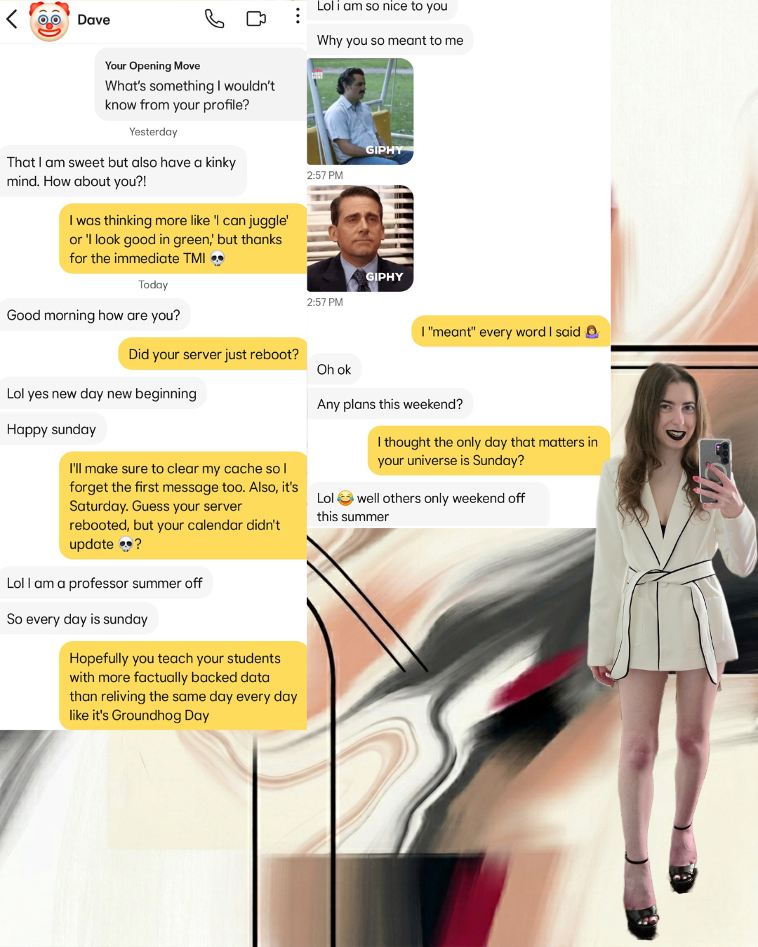 ​A collage featuring screenshots of a funny Bumble chat with a guy named Dave over a modern abstract backdrop, alongside a mirror selfie of a woman with brunette hair wearing a white blazer dress with black trim and dark lipstick.